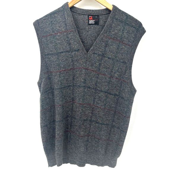 Robert Bruce Sweater Vest Mens Large Gray Plaid Knit Vintage Made in USA Union - Picture 1 of 6